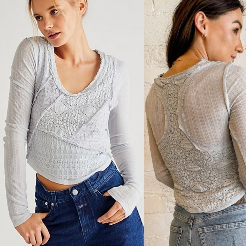 Free People Light Gray Lace-Panel Long Sleeve Top